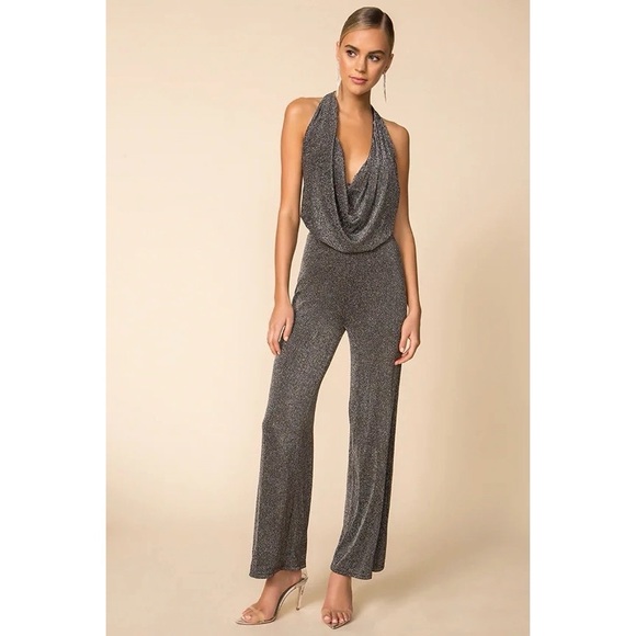 superdown Pants - Superdown Saffron Cowl Neck Halter Jumpsuit In Metallic Black